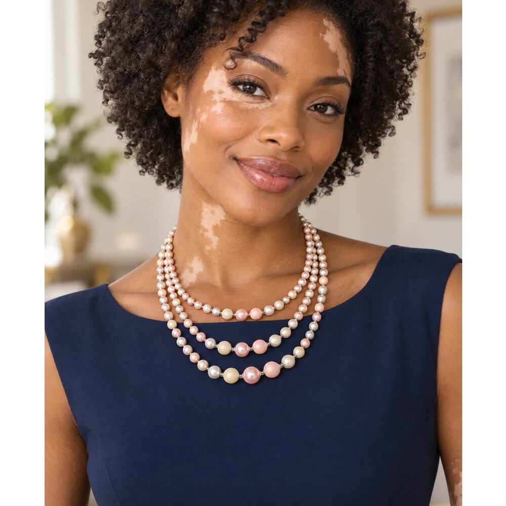 Three Strand Graduated Faux Pearl Necklace Pink Ivory Silver Tone Adjustable